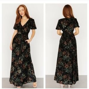 Baltic Born Leslie Velvet Maxi Dress Black Deep Jade Floral Short Sleeve L NEW